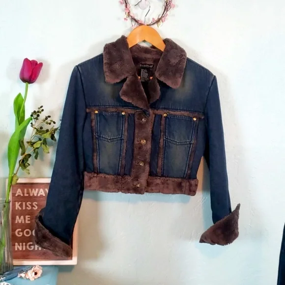Late 90's Bebe denim jacket brown faux fur trim,rare!” - Picture 8 of 14
